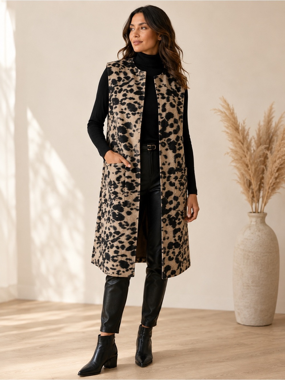 Melanie Lyne Wool Blend Animal Print Long Line Open Vest Coat Pockets Size 6